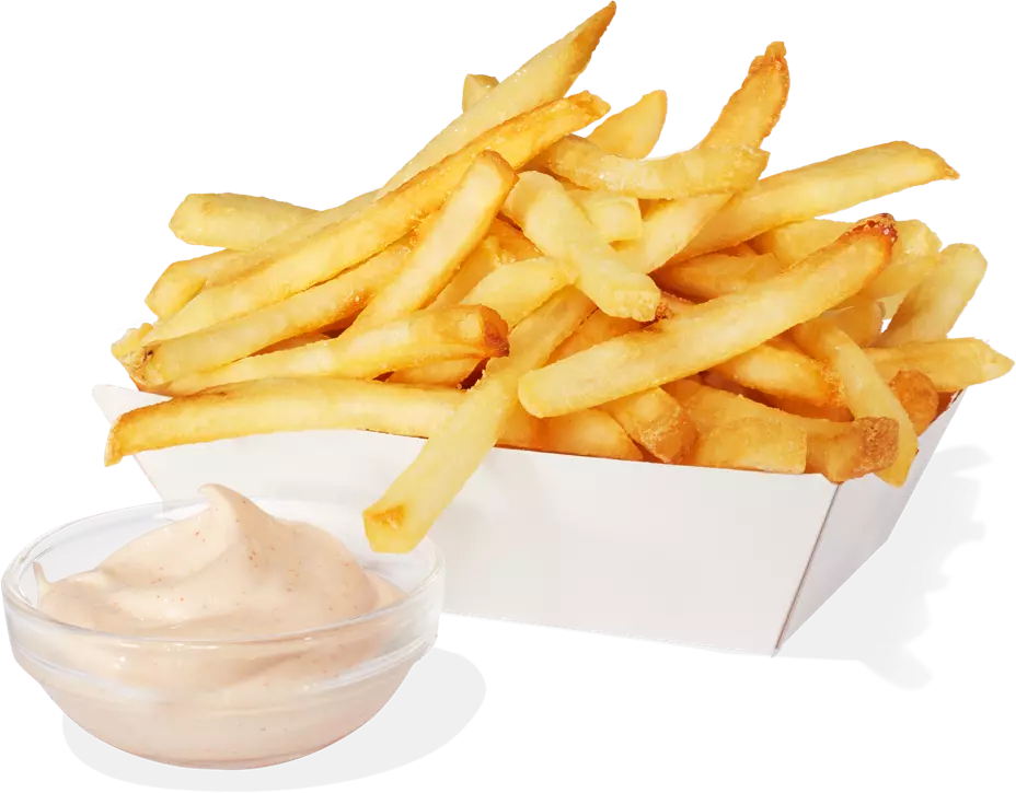 French fries in a box with dipping sauce.