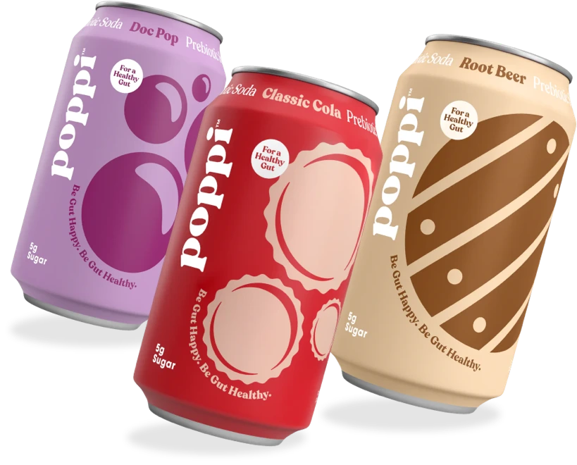 Three cans of poppi with different flavors.