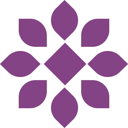 A purple flower logo on a black background.