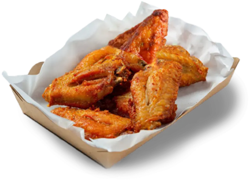 Chicken wings in a paper box on a white background.
