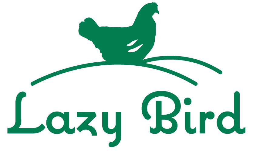 Green silhouette of a chicken sitting on a curved line above the words "Lazy Bird" in stylized font.