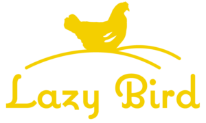 Yellow silhouette of a chicken standing on a curved line above the text "Lazy Bird" in a stylized font.